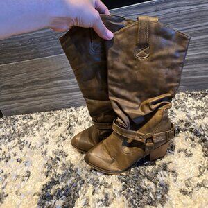 Brown Faux Leather Mid-Calf Riding Boots | Western Style | Size 6